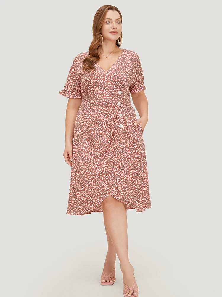 Ditsy Floral Puff Sleeve Pocket Button Ruched Wrap Dress - Image 3