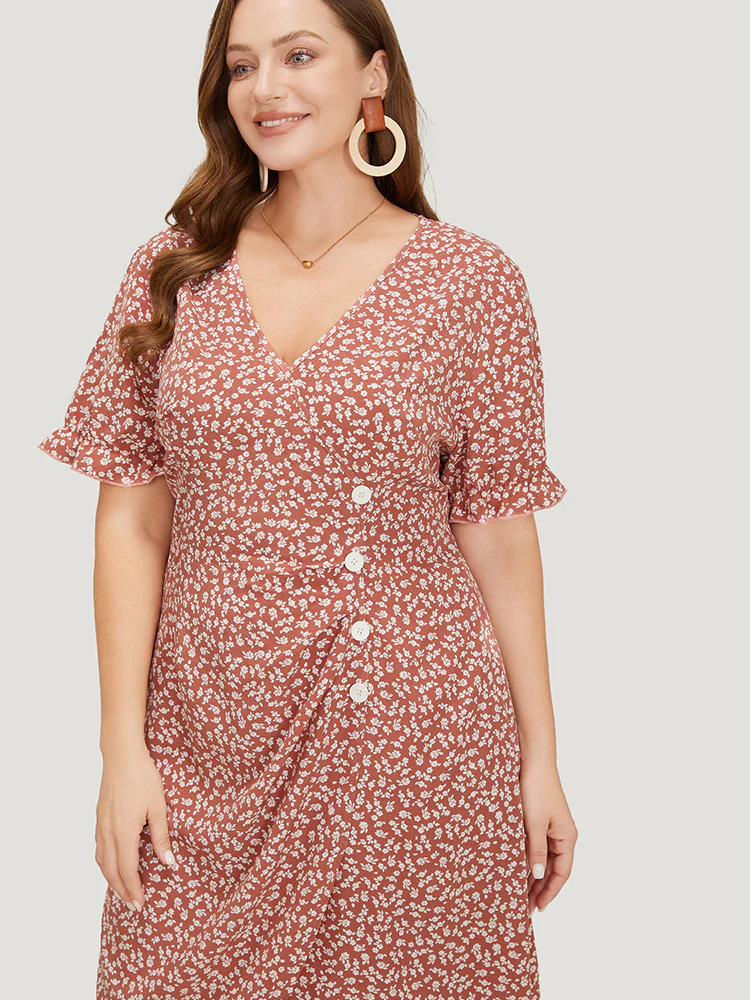 Ditsy Floral Puff Sleeve Pocket Button Ruched Wrap Dress - Image 5