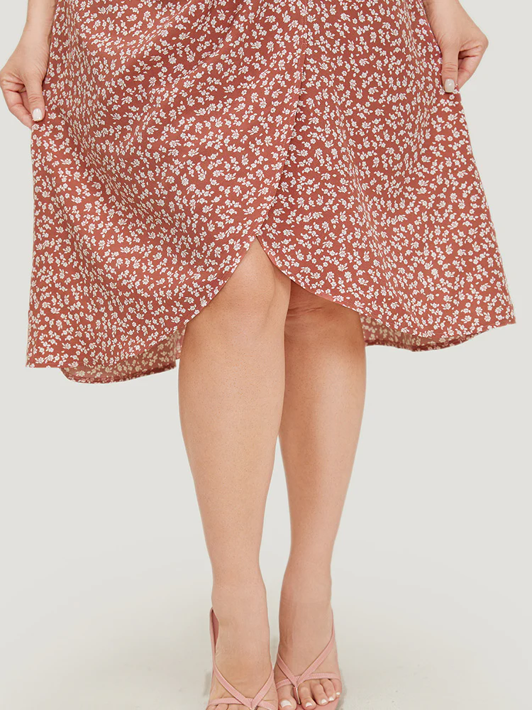 Ditsy Floral Puff Sleeve Pocket Button Ruched Wrap Dress - Image 8