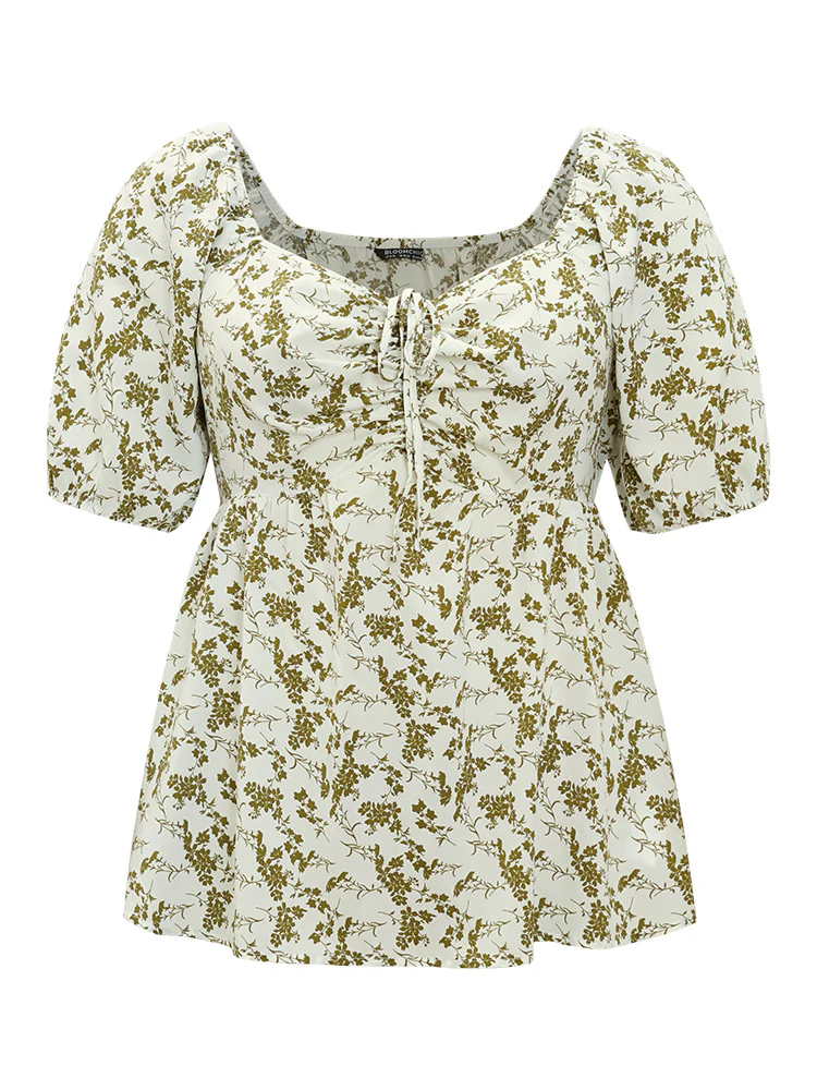Ditsy Floral Puff Sleeve Ruched Drawstring Blouse - Image 10
