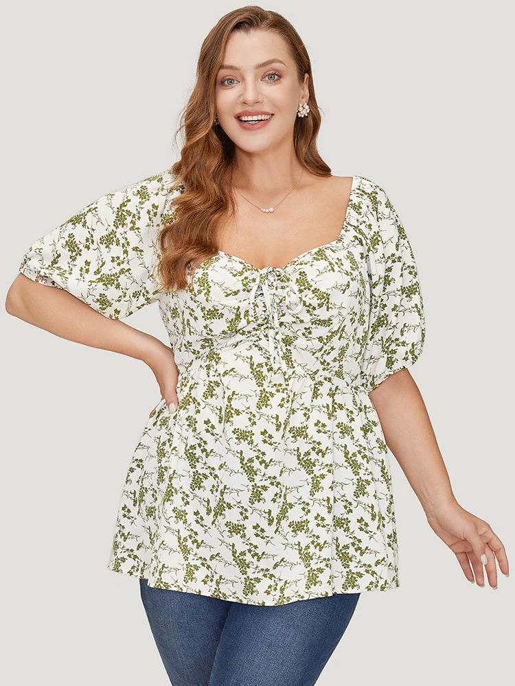 Ditsy Floral Puff Sleeve Ruched Drawstring Blouse - Image 2