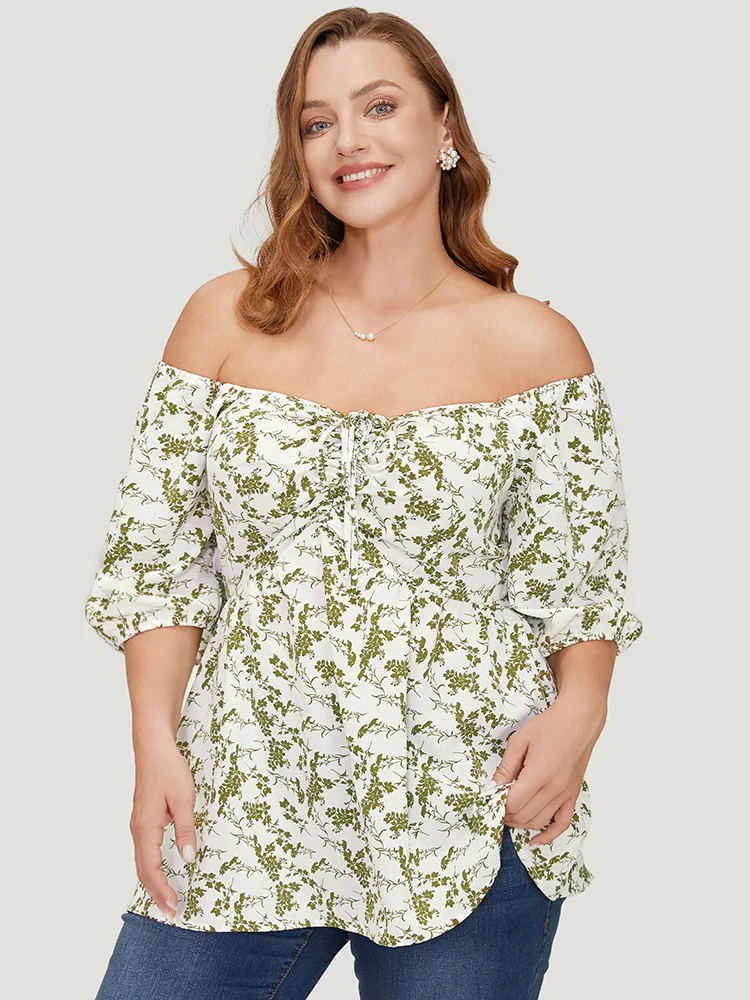 Ditsy Floral Puff Sleeve Ruched Drawstring Blouse - Image 3