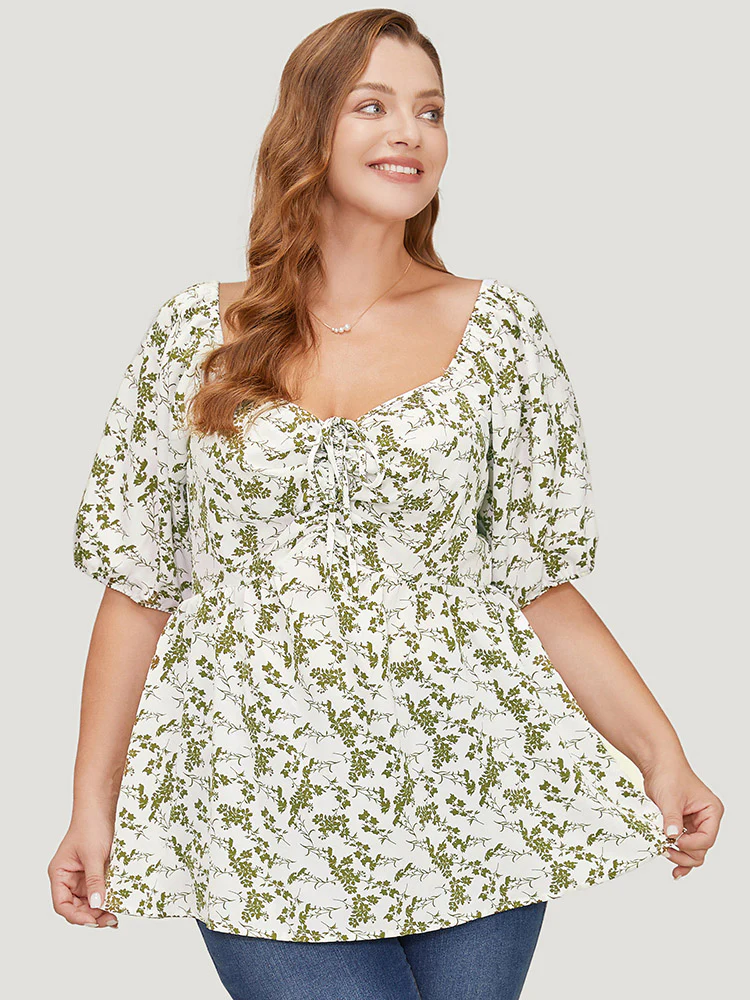 Ditsy Floral Puff Sleeve Ruched Drawstring Blouse - Image 4