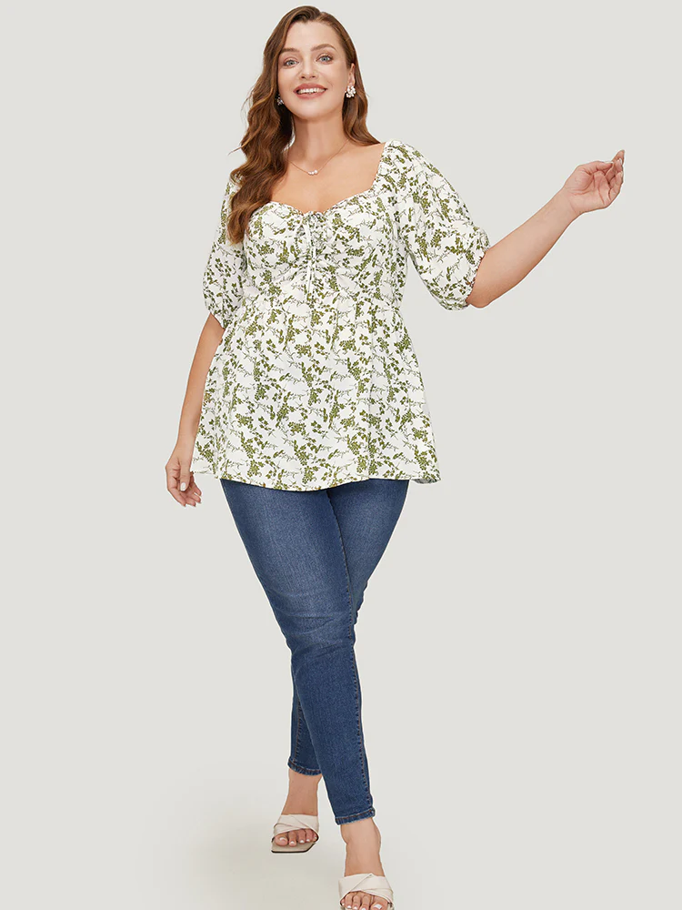 Ditsy Floral Puff Sleeve Ruched Drawstring Blouse - Image 5