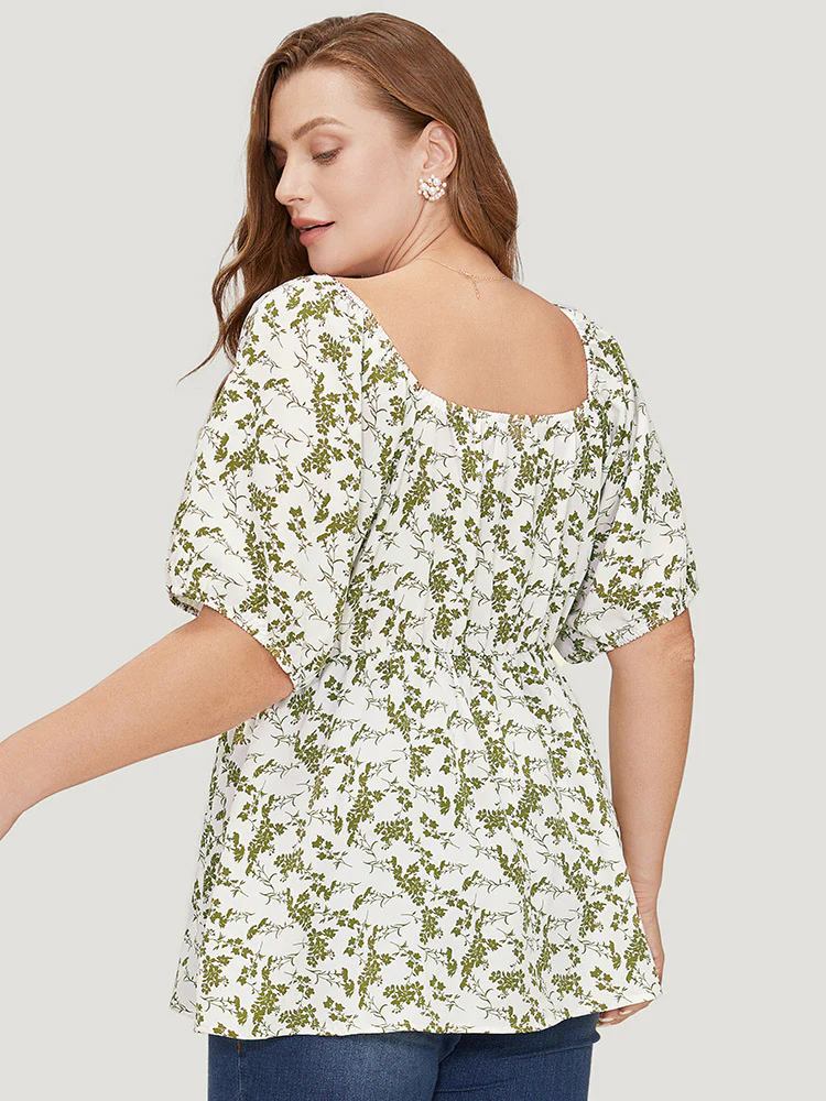 Ditsy Floral Puff Sleeve Ruched Drawstring Blouse - Image 6