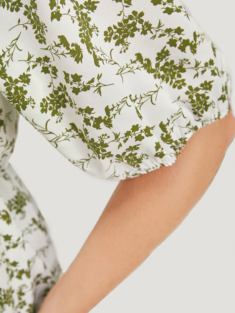 Ditsy Floral Puff Sleeve Ruched Drawstring Blouse - Image 8