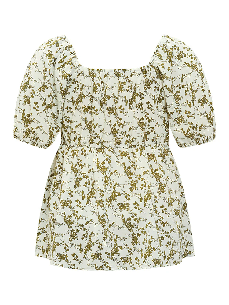 Ditsy Floral Puff Sleeve Ruched Drawstring Blouse - Image 9