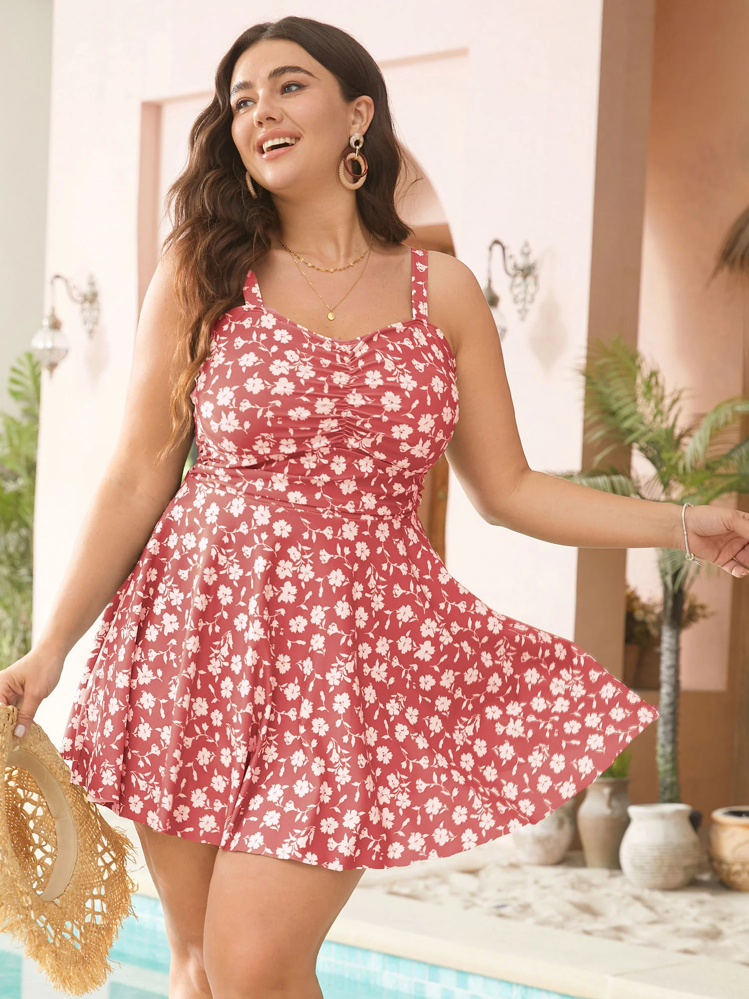 Ditsy Floral Ruched Empire Waist Swim Dress - Image 28
