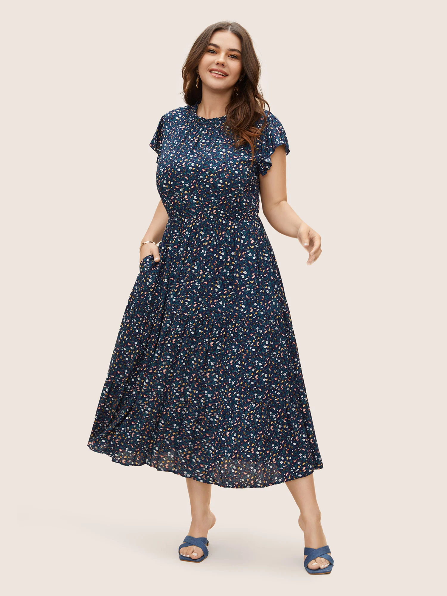 Ditsy Floral Ruffle Cap Sleeve Dress - Image 6