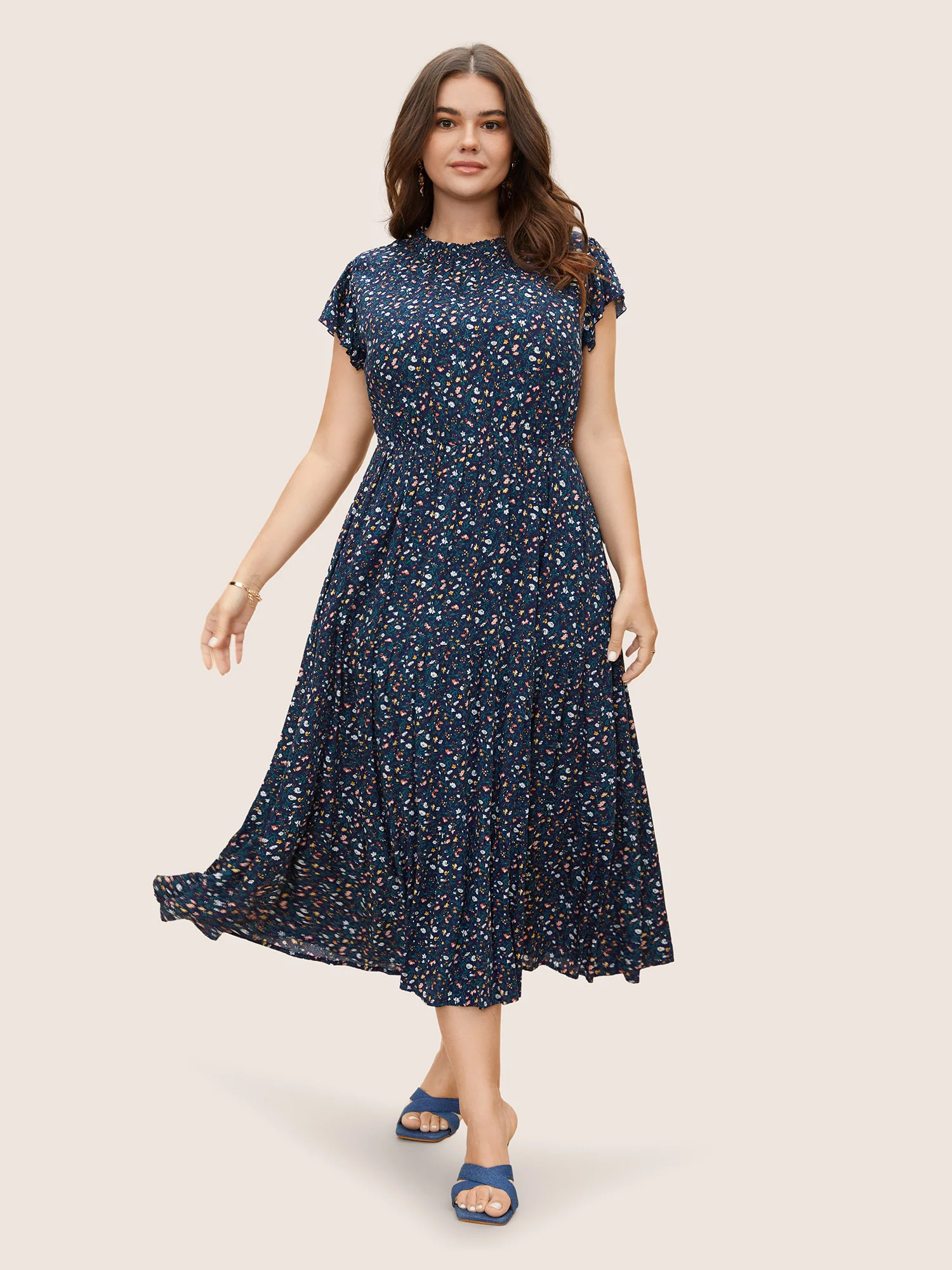 Ditsy Floral Ruffle Cap Sleeve Dress - Image 8