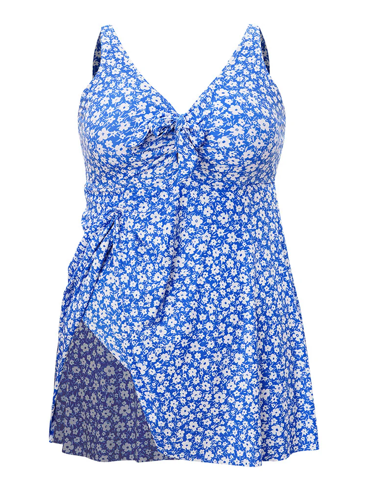 Ditsy Floral Ruffle Knotted Front Swim Dress - Image 11