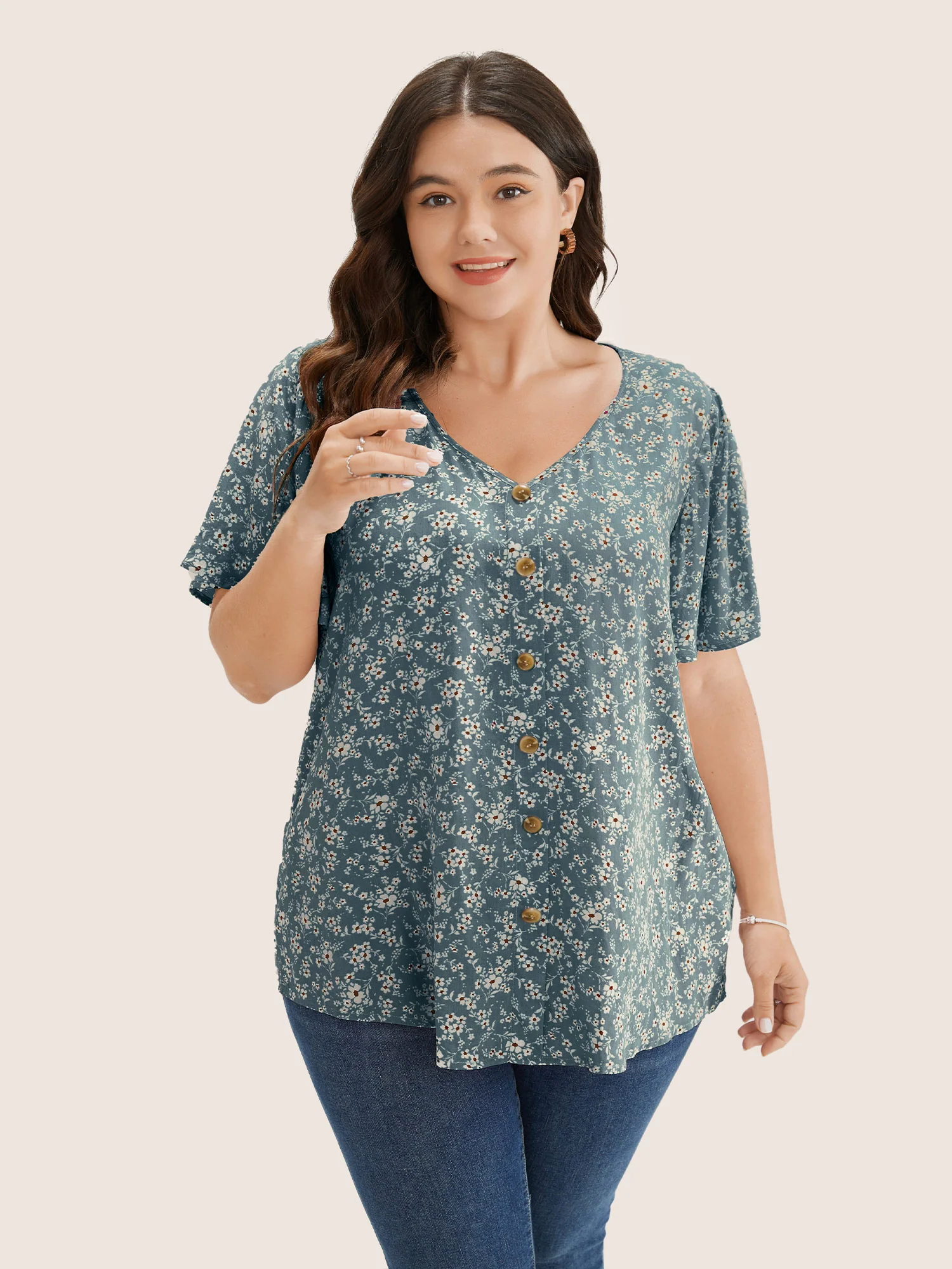 Ditsy Floral Contrast Ruffle Sleeve Button Detail Blouse