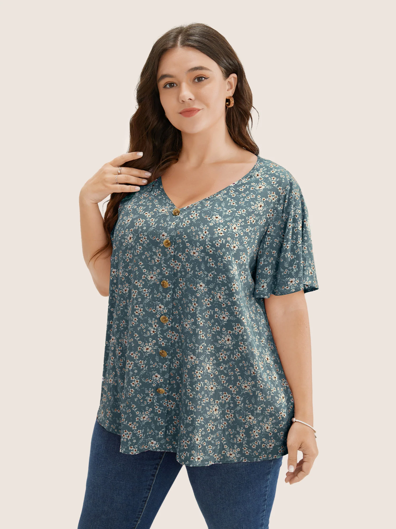 Ditsy Floral Contrast Ruffle Sleeve Button Detail Blouse - Image 2