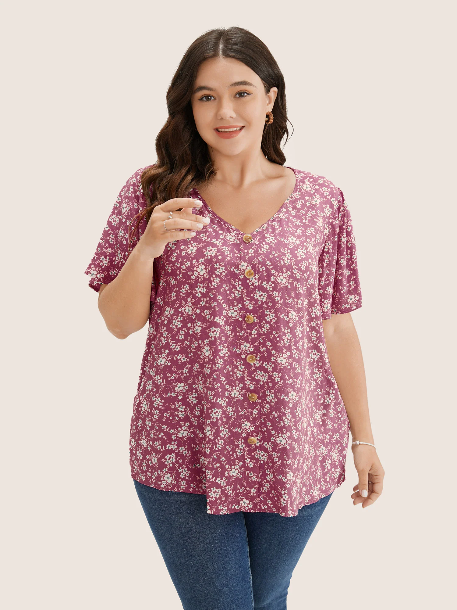 Ditsy Floral Contrast Ruffle Sleeve Button Detail Blouse - Image 6