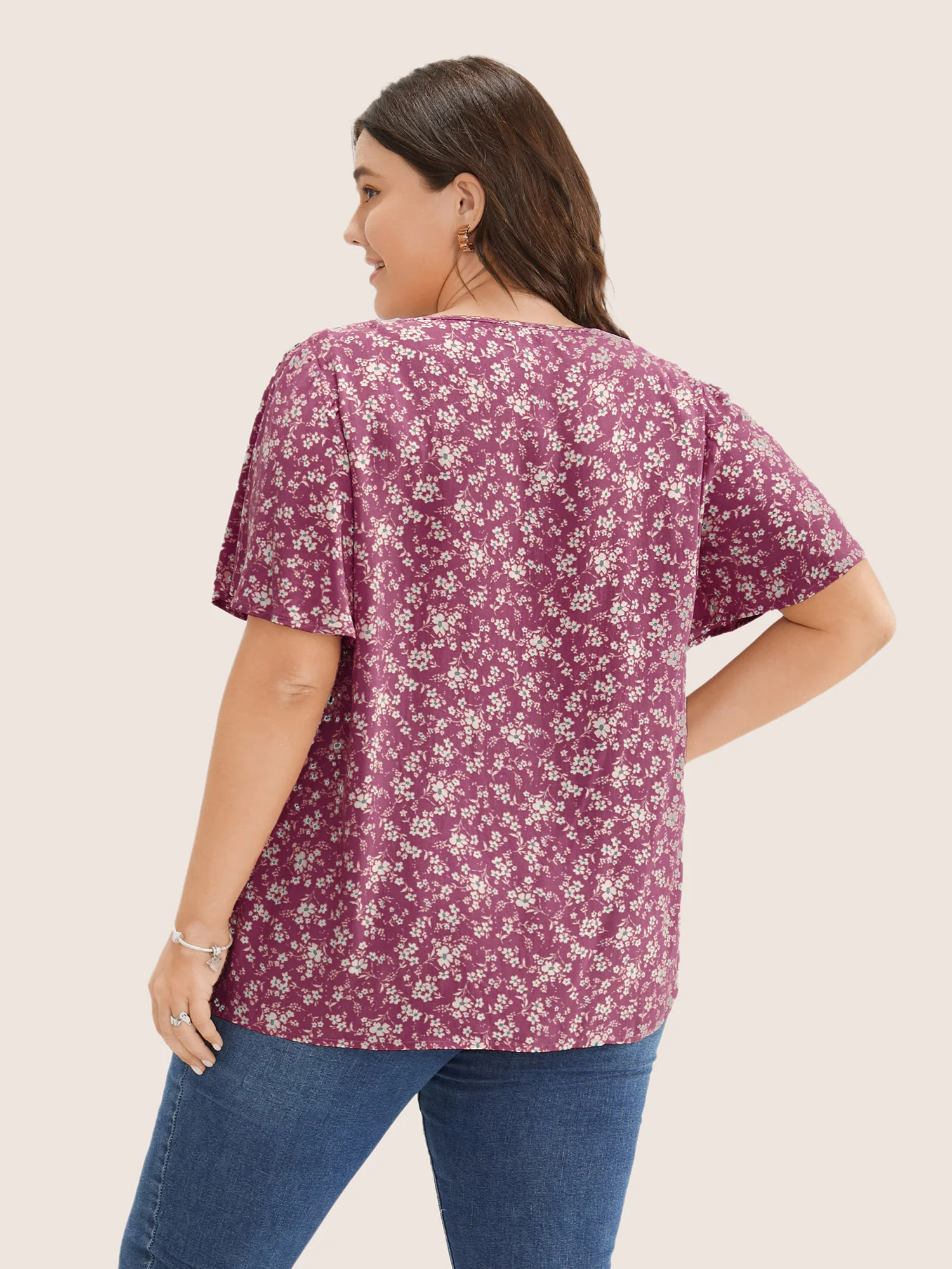 Ditsy Floral Contrast Ruffle Sleeve Button Detail Blouse - Image 7