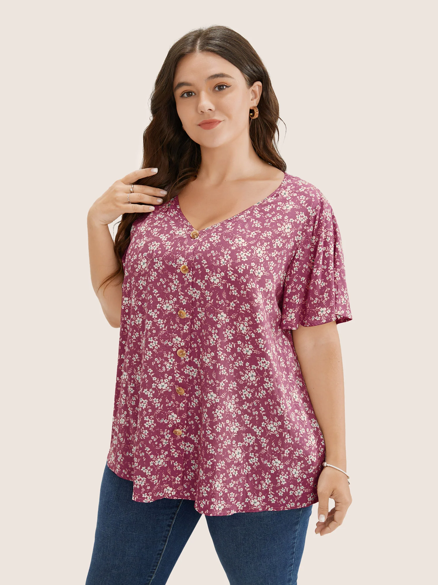 Ditsy Floral Contrast Ruffle Sleeve Button Detail Blouse - Image 8