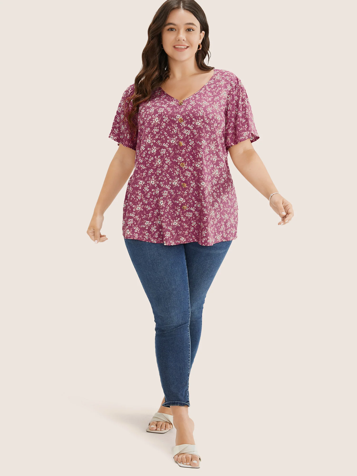 Ditsy Floral Contrast Ruffle Sleeve Button Detail Blouse - Image 9