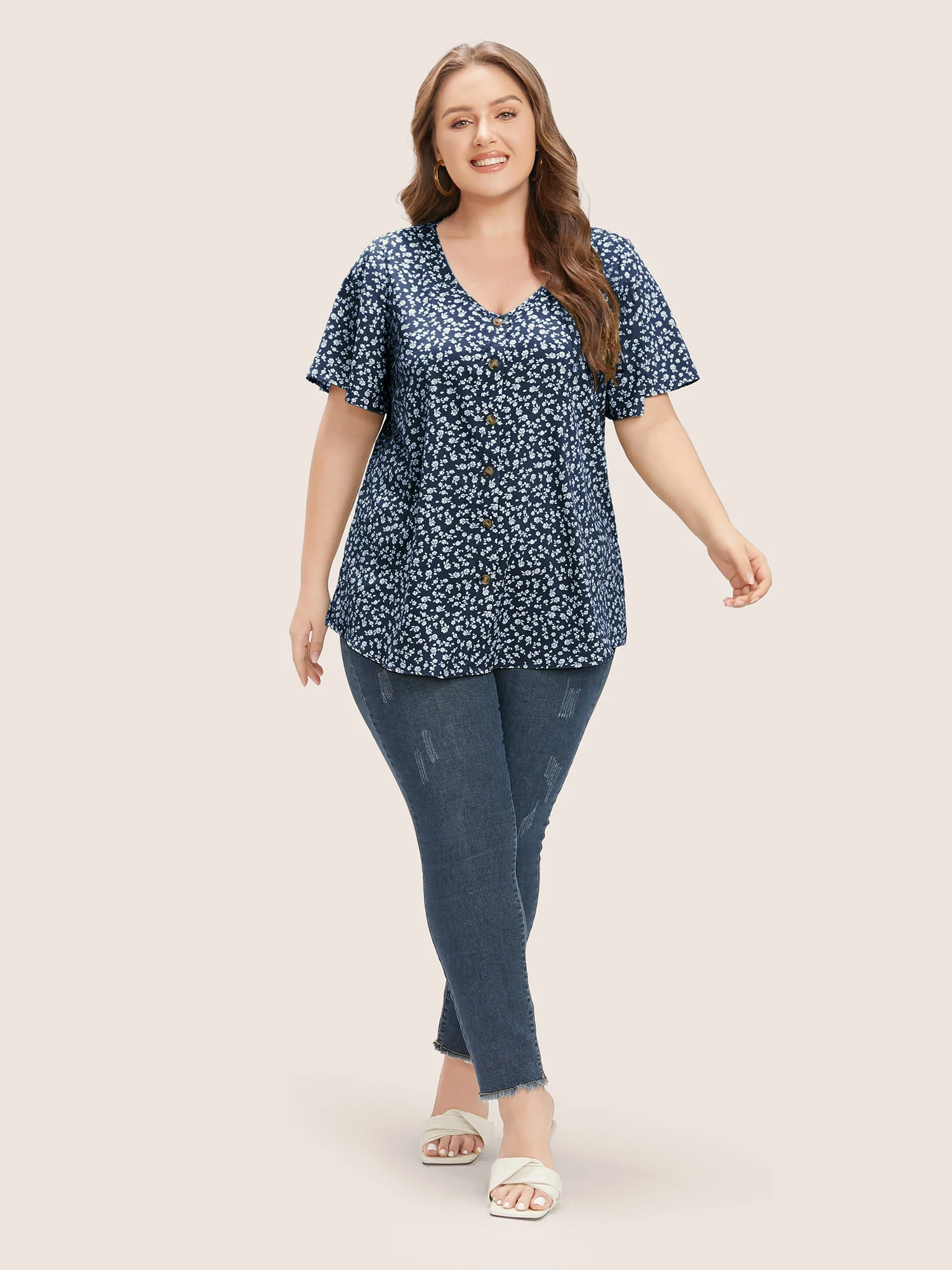 Ditsy Floral Ruffle Sleeve Button Detail Blouse - Image 2