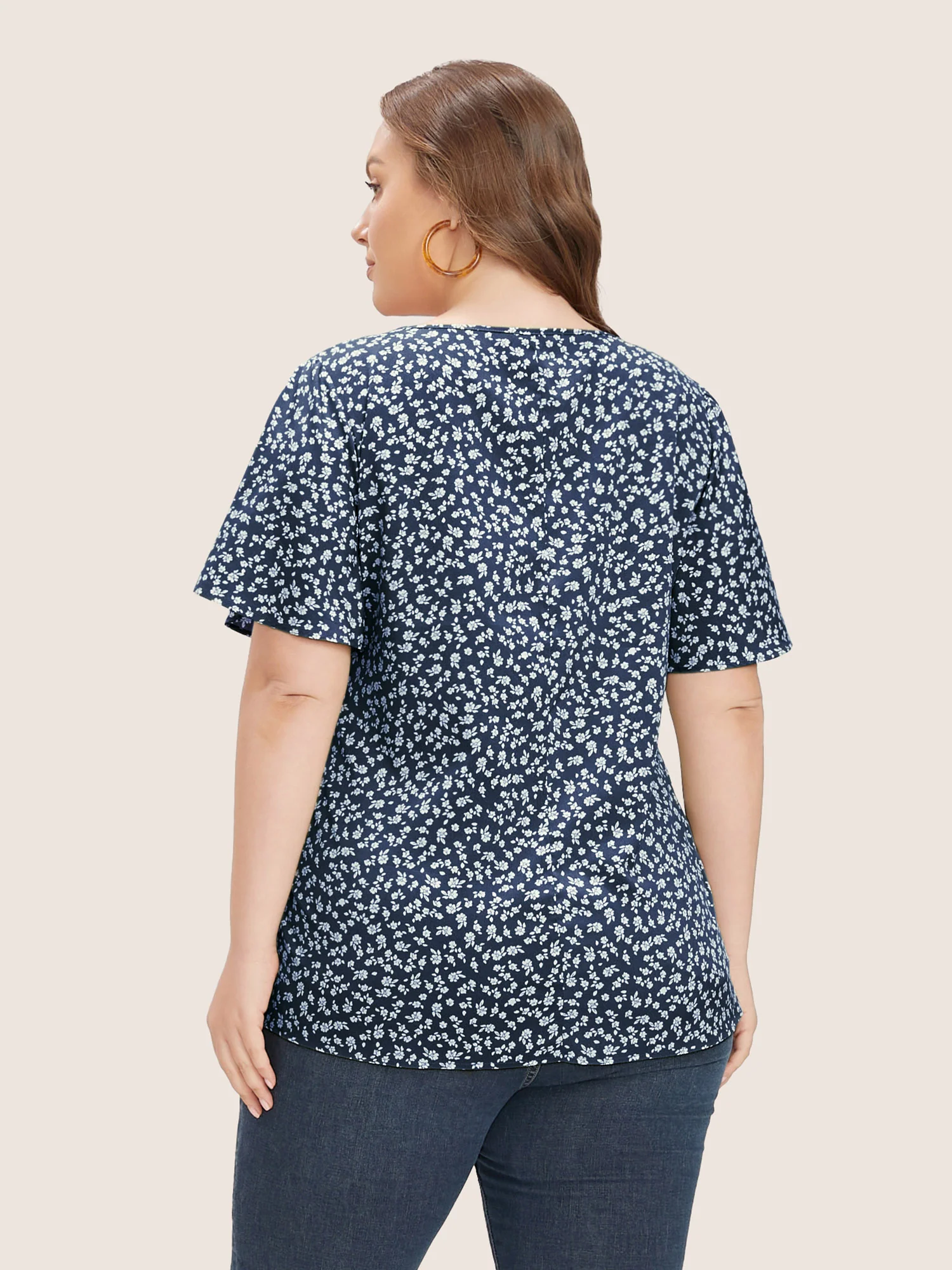 Ditsy Floral Ruffle Sleeve Button Detail Blouse - Image 3
