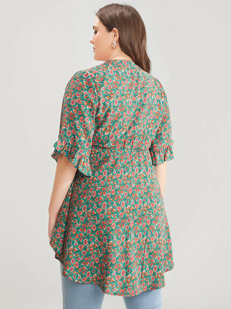 Ditsy Floral Ruffle Sleeve Notched High Low Hem Blouse - Image 11