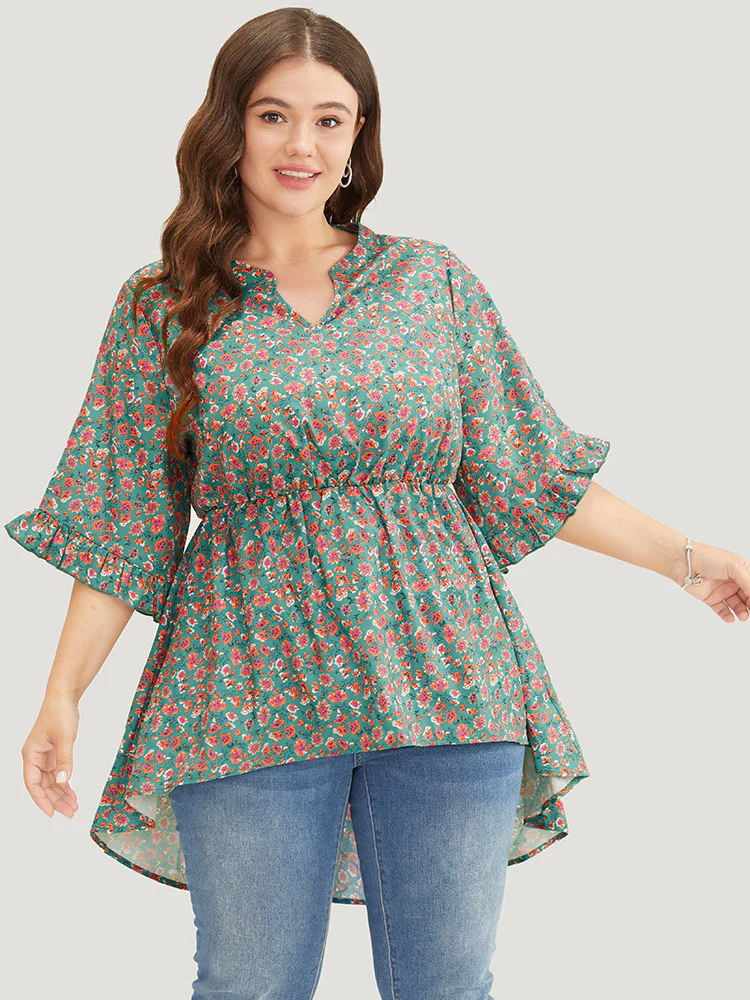 Ditsy Floral Ruffle Sleeve Notched High Low Hem Blouse - Image 2