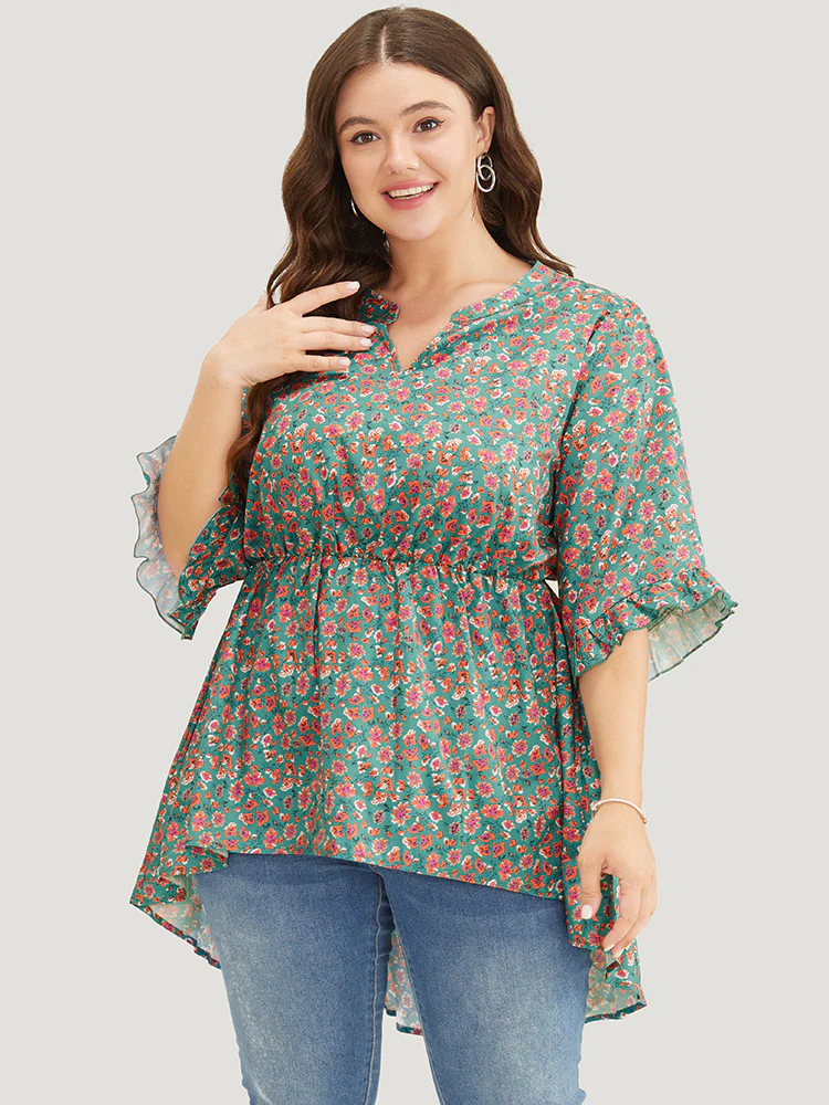 Ditsy Floral Ruffle Sleeve Notched High Low Hem Blouse - Image 3