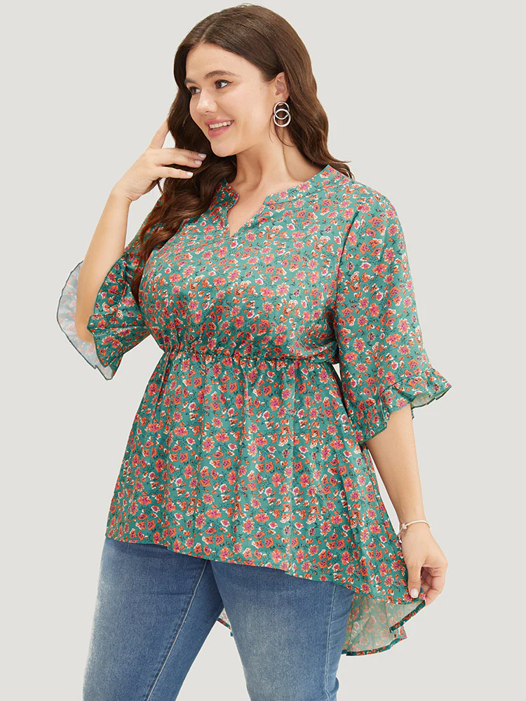 Ditsy Floral Ruffle Sleeve Notched High Low Hem Blouse - Image 4