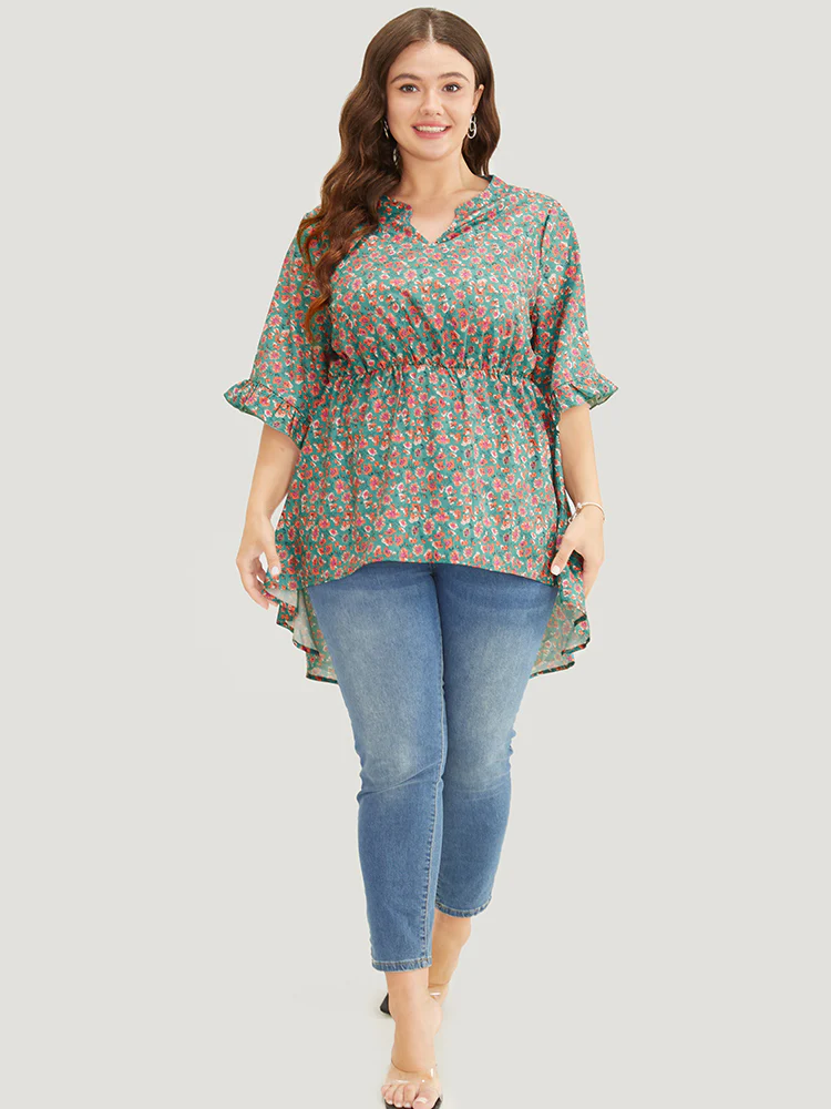 Ditsy Floral Ruffle Sleeve Notched High Low Hem Blouse - Image 5