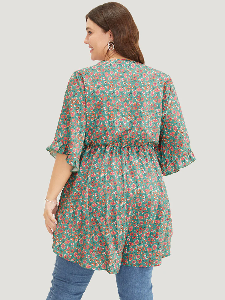 Ditsy Floral Ruffle Sleeve Notched High Low Hem Blouse - Image 6