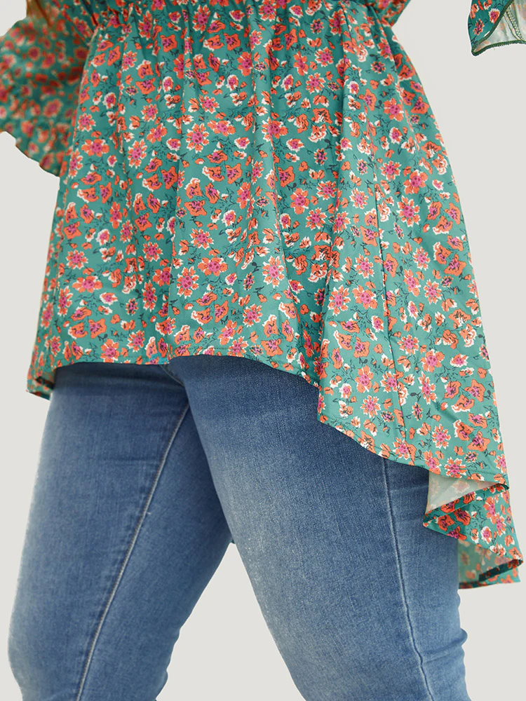 Ditsy Floral Ruffle Sleeve Notched High Low Hem Blouse - Image 8