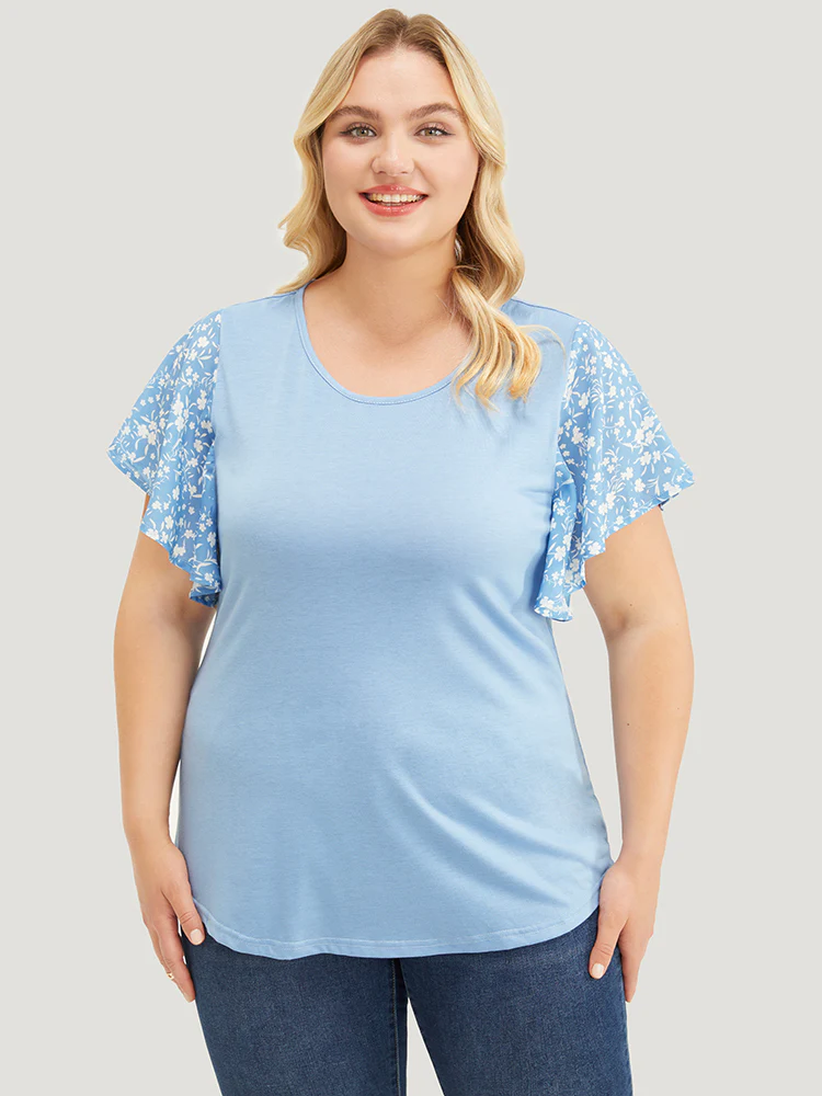 Ditsy Floral Ruffle Sleeve Round Neck T-Shirt - Image 12