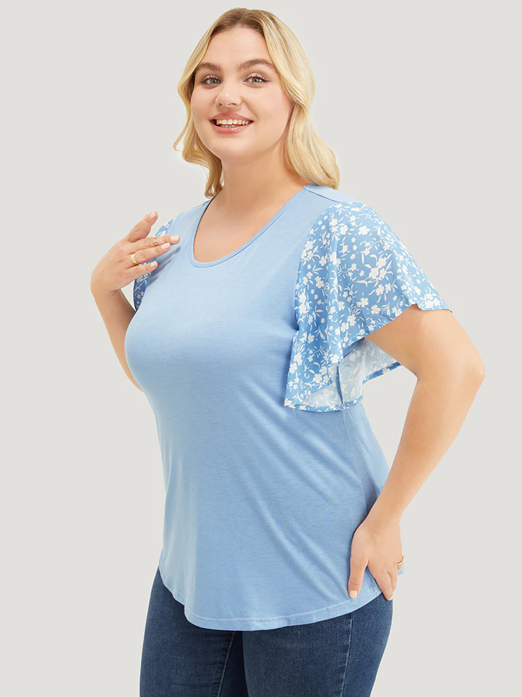 Ditsy Floral Ruffle Sleeve Round Neck T-Shirt - Image 13