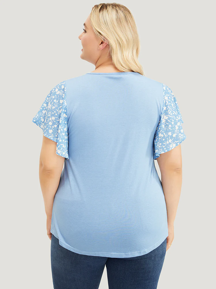Ditsy Floral Ruffle Sleeve Round Neck T-Shirt - Image 14