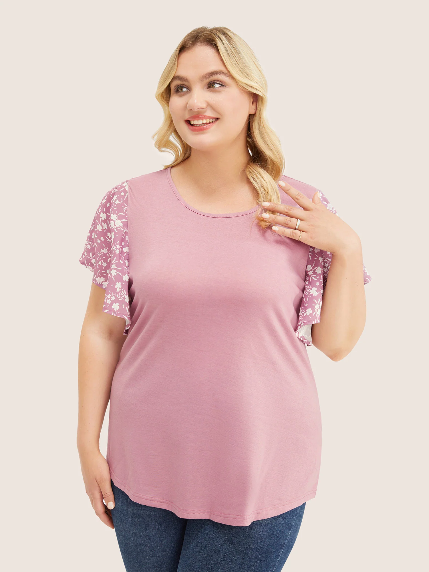 Ditsy Floral Ruffle Sleeve Round Neck T-Shirt - Image 4