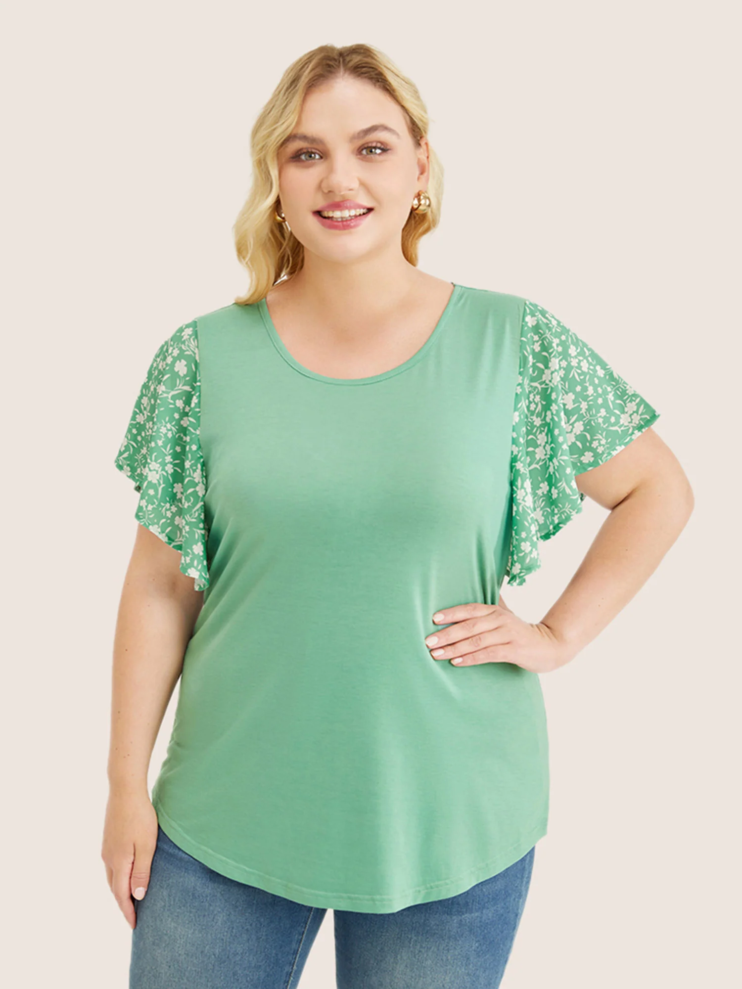 Ditsy Floral Ruffle Sleeve Round Neck T-Shirt - Image 5
