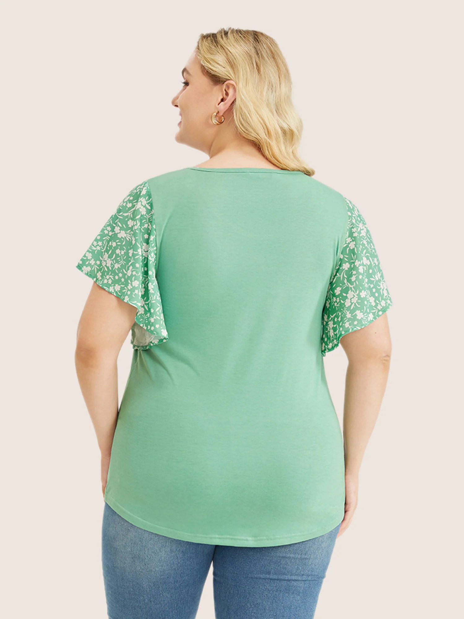 Ditsy Floral Ruffle Sleeve Round Neck T-Shirt - Image 6