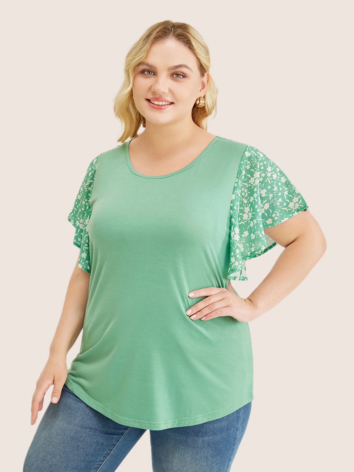 Ditsy Floral Ruffle Sleeve Round Neck T-Shirt - Image 7