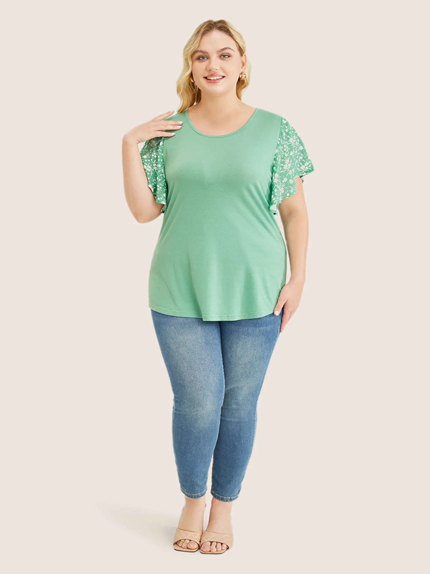 Ditsy Floral Ruffle Sleeve Round Neck T-Shirt - Image 8