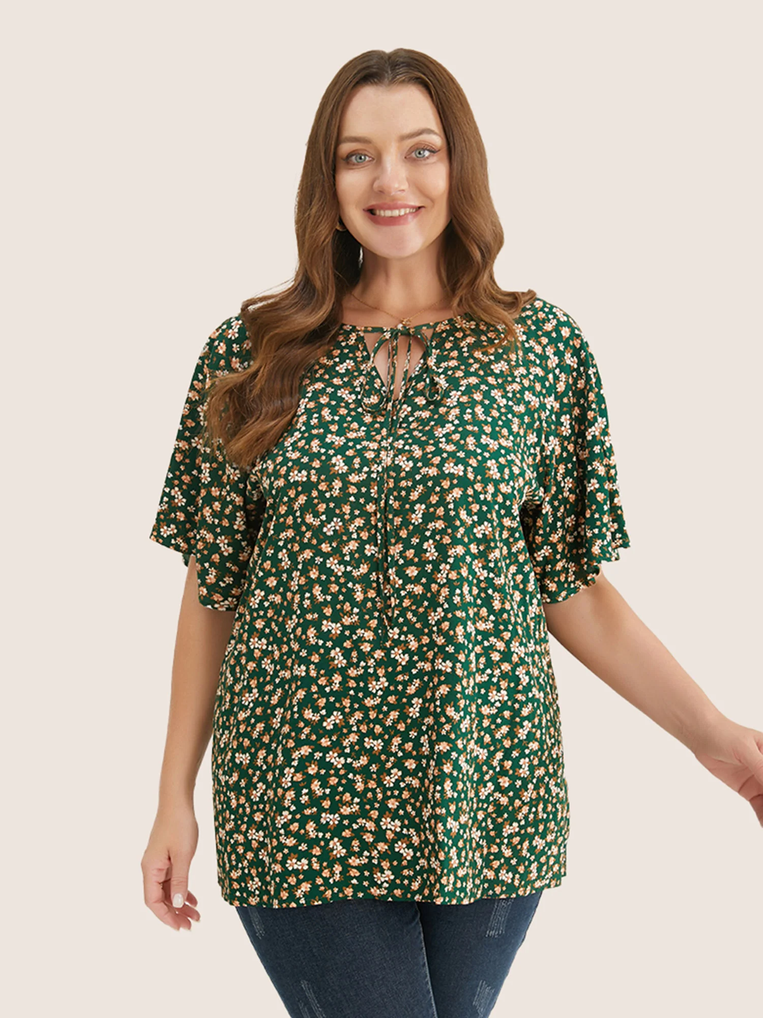 Ditsy Floral Ruffle Sleeve Tie Neck Blouse