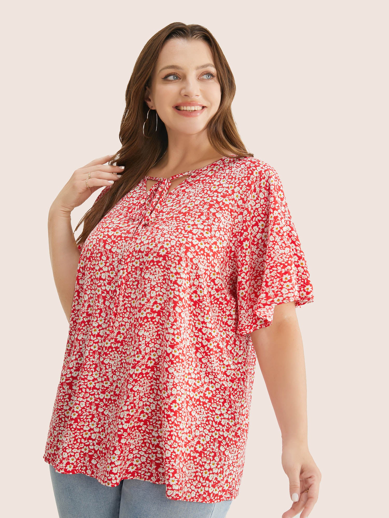 Ditsy Floral Ruffle Sleeve Tie Neck Blouse - Image 10