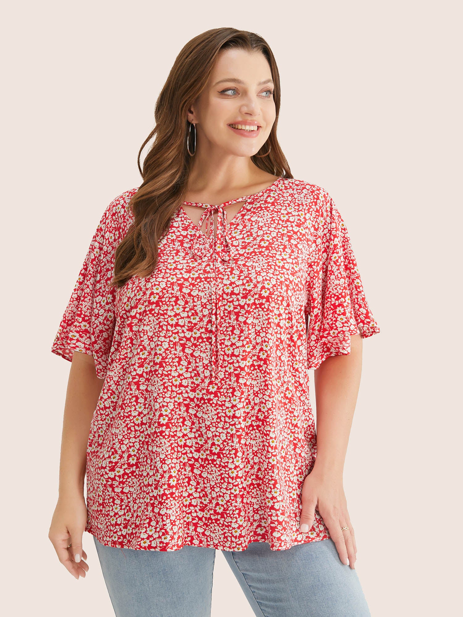Ditsy Floral Ruffle Sleeve Tie Neck Blouse - Image 11