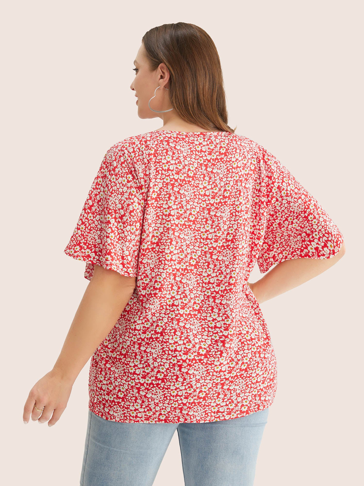 Ditsy Floral Ruffle Sleeve Tie Neck Blouse - Image 12
