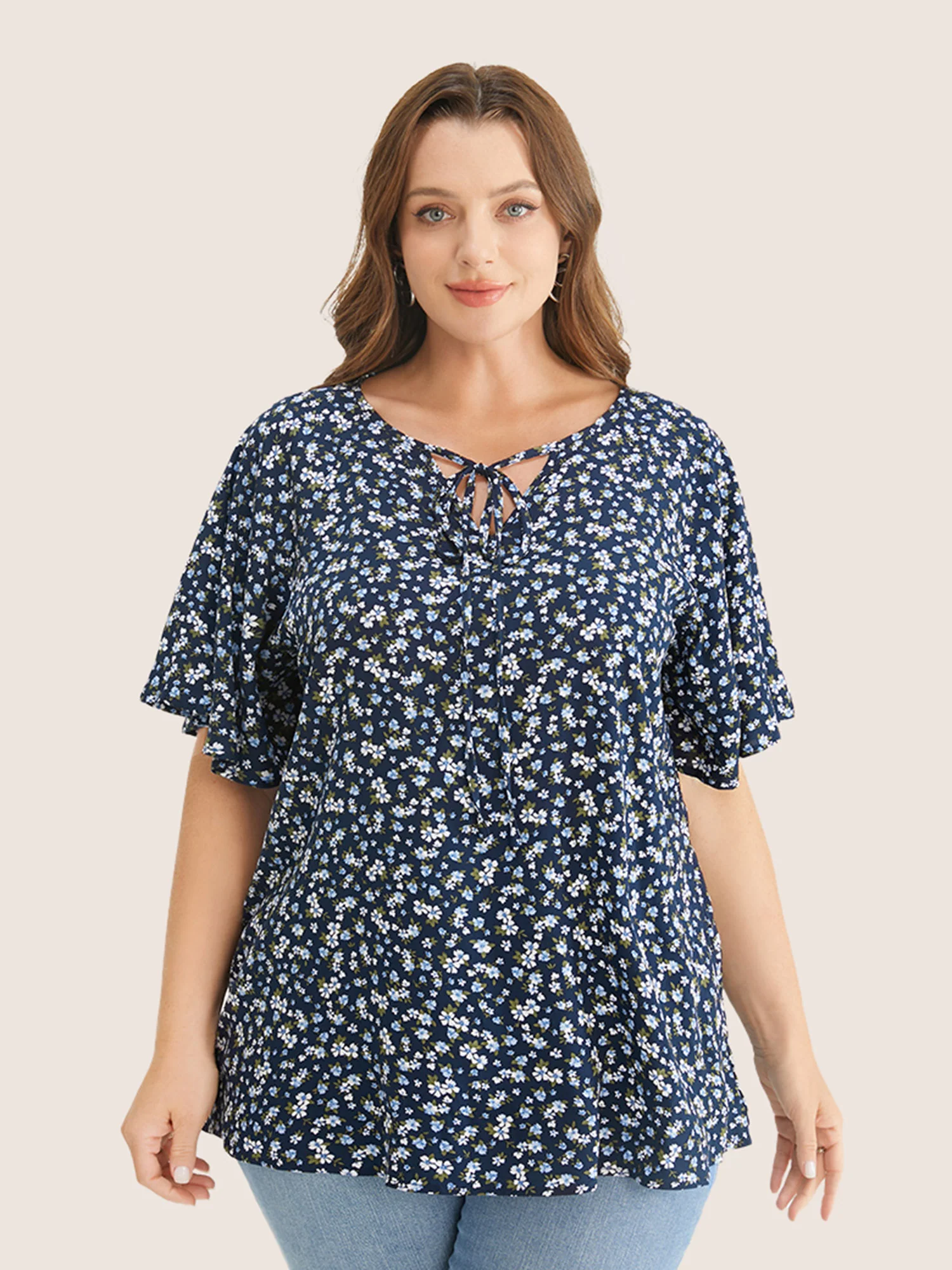 Ditsy Floral Ruffle Sleeve Tie Neck Blouse - Image 13