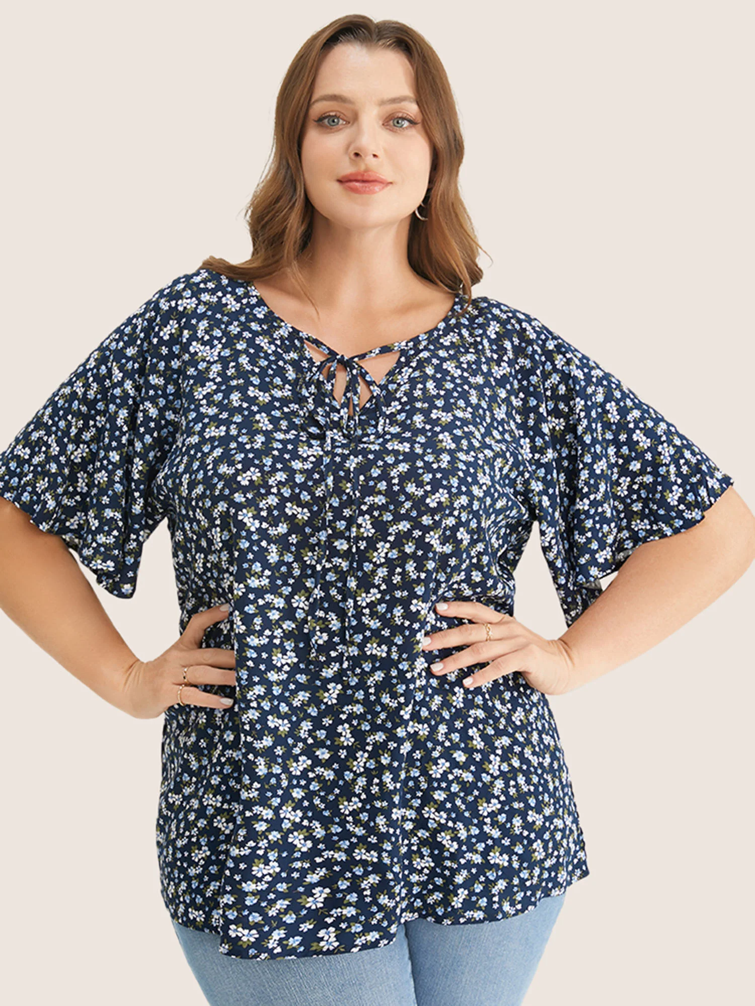 Ditsy Floral Ruffle Sleeve Tie Neck Blouse - Image 14