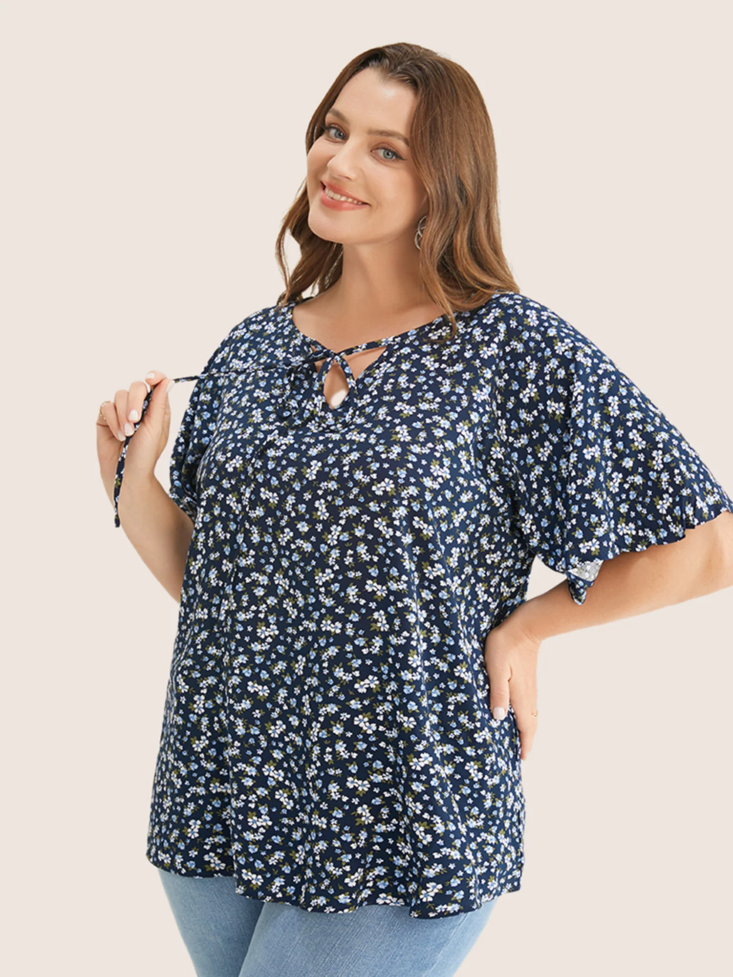 Ditsy Floral Ruffle Sleeve Tie Neck Blouse - Image 15
