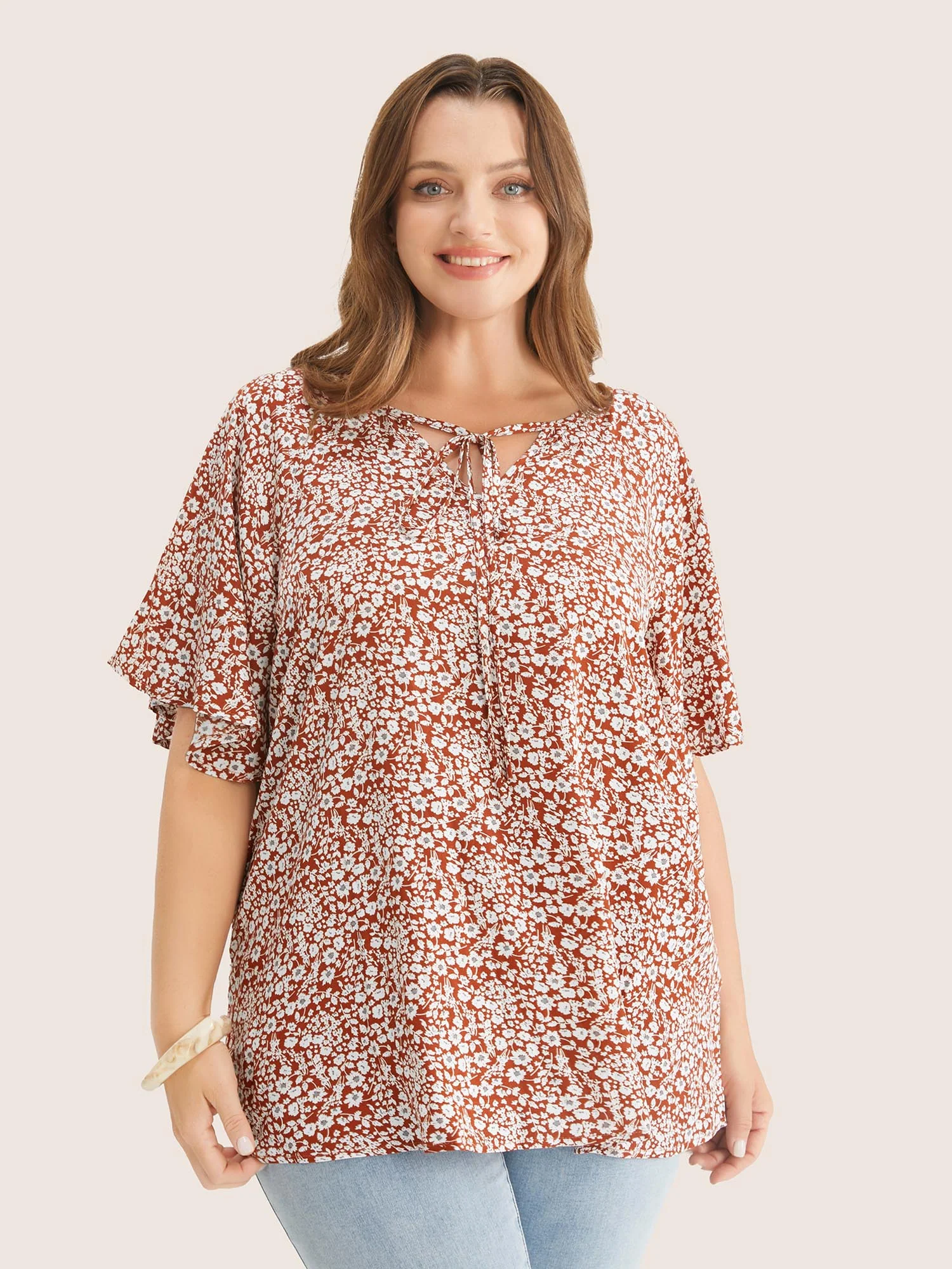 Ditsy Floral Ruffle Sleeve Tie Neck Blouse - Image 17