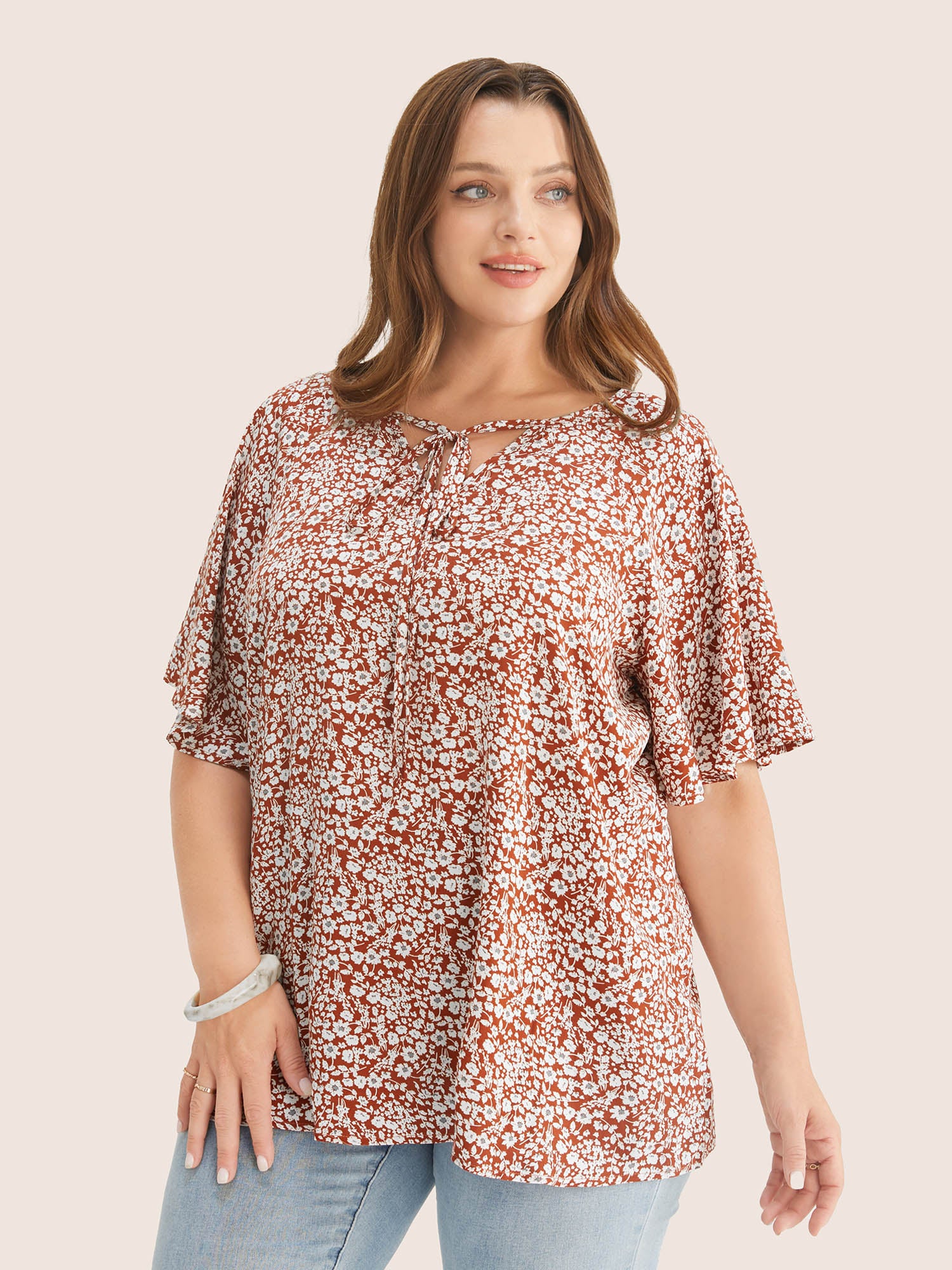 Ditsy Floral Ruffle Sleeve Tie Neck Blouse - Image 18