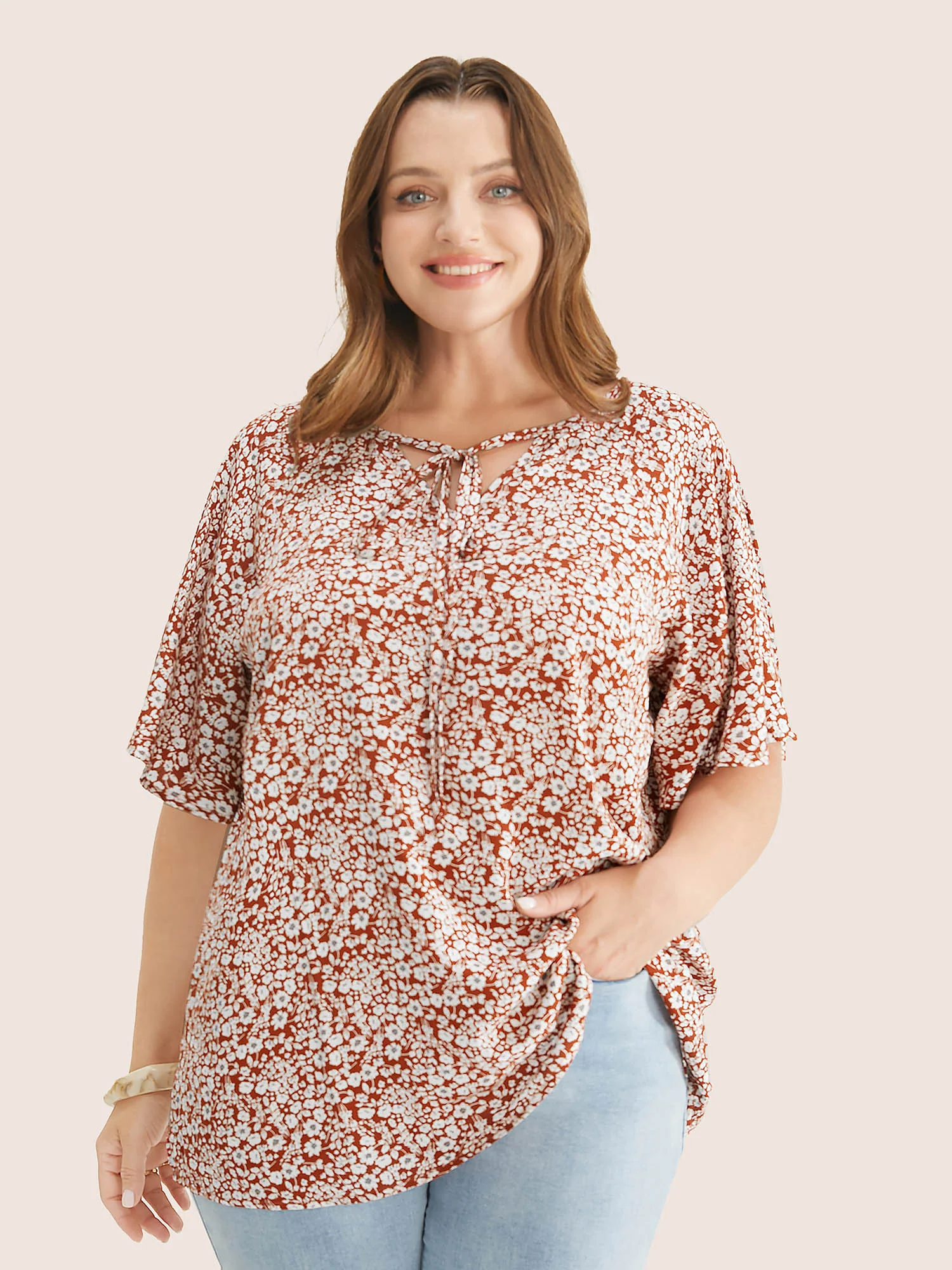 Ditsy Floral Ruffle Sleeve Tie Neck Blouse - Image 19