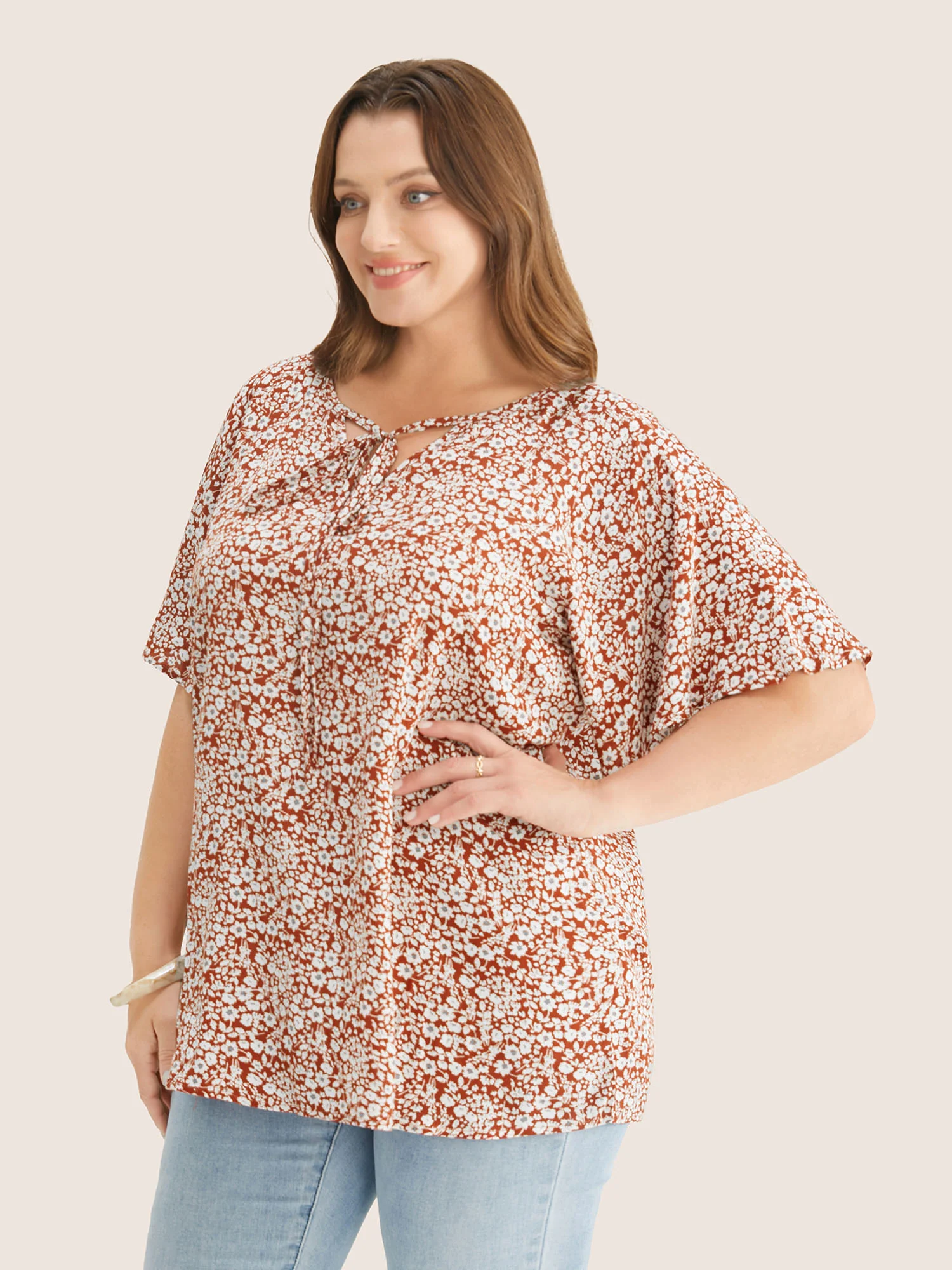 Ditsy Floral Ruffle Sleeve Tie Neck Blouse - Image 20