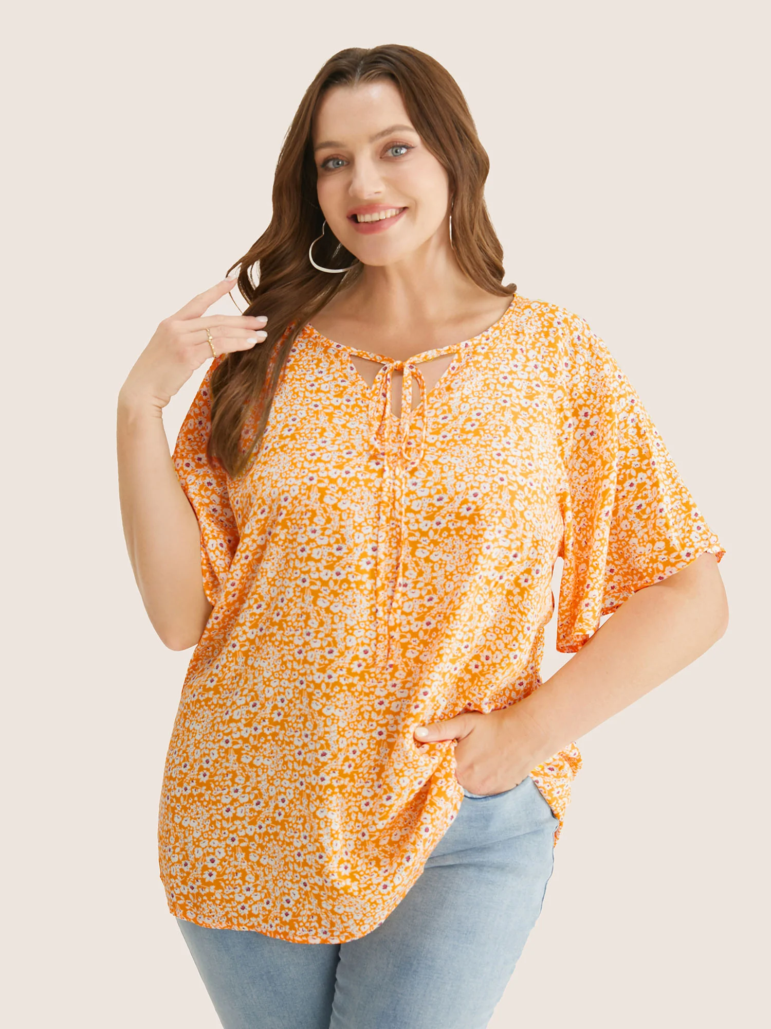 Ditsy Floral Ruffle Sleeve Tie Neck Blouse - Image 22